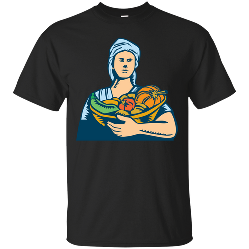 Lady Organic Farmer Produce Harvest Woodcut T-Shirt